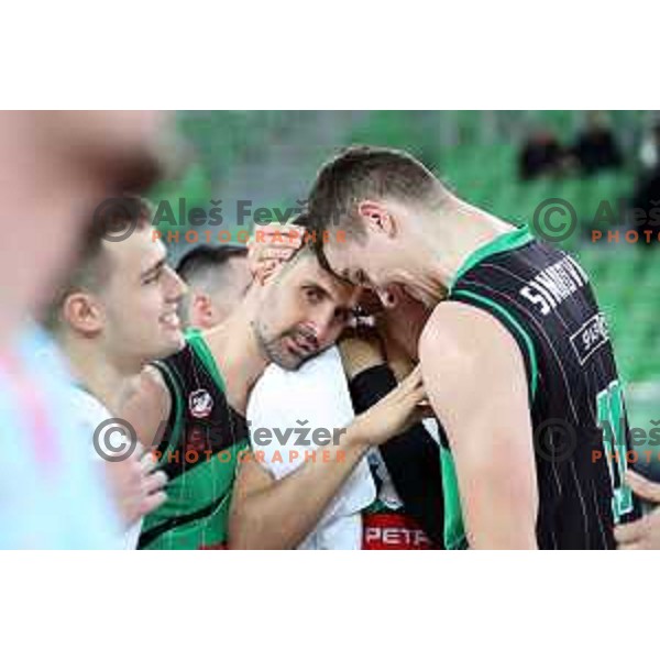 Domen Lorbek, Issuf Sanon and Marko Simonovic celebrate victory in ABA league basketball match between Petrol Olimpija and Mega Bamax in SRC Stozice, Ljubljana on January 13, 2019