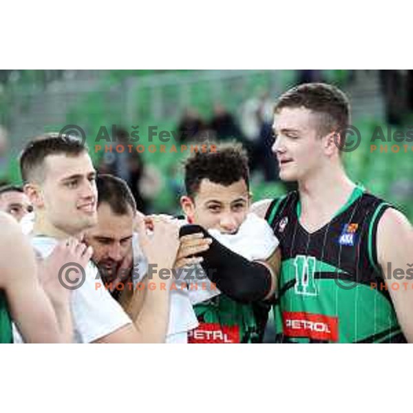 Domen Lorbek, Issuf Sanon and Marko Simonovic celebrate victory in ABA league basketball match between Petrol Olimpija and Mega Bamax in SRC Stozice, Ljubljana on January 13, 2019