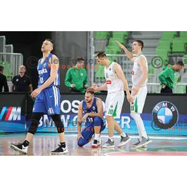 Mirza Sarajlija, Domen Lorbek and Marko Simonovic after second leg of quarter-final of Spar Cup basketball match between Petrol Olimpija and Rogaska in SRC Stozice, Ljubljana on January 14, 2019