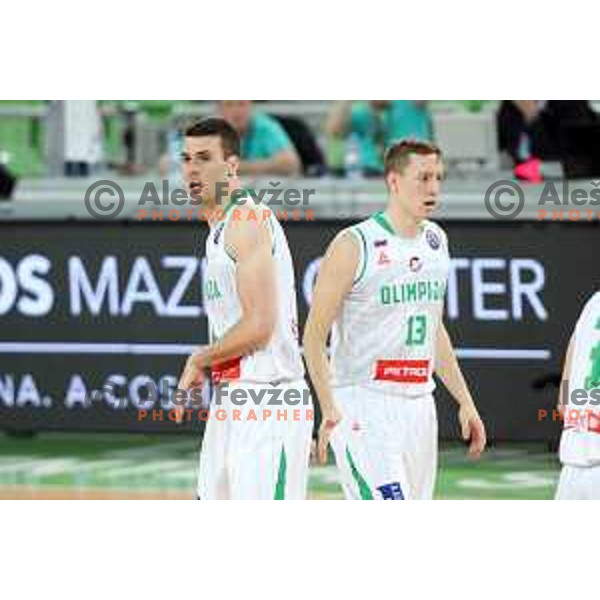 Igor Tratnik and Miha Lapornik of Petrol Olimpija in action during FIBA Champions League basketball match between Petrol Olimpija and Filou Oostende in Stozice Hall, Ljubljana on January 16, 2019