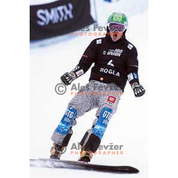 Rok Marguc of Slovenia finished third at FIS World Cup Snowboard Parallel Giant Slalom at Rogla, Slovenia on January 19, 2019
