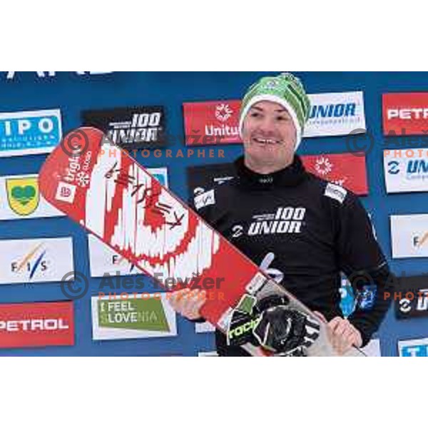 Rok Marguc of Slovenia finished third at FIS World Cup Snowboard Parallel Giant Slalom at Rogla, Slovenia on January 19, 2019