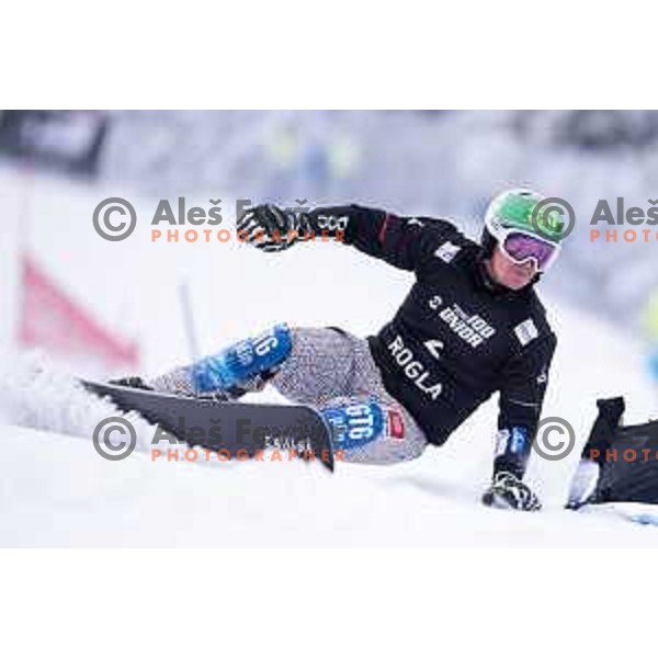 Rok Marguc of Slovenia finished third at FIS World Cup Snowboard Parallel Giant Slalom at Rogla, Slovenia on January 19, 2019