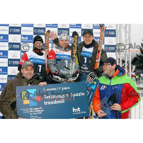 Pretnar, egger and Kosir at podium after HIT Ski Legends Challenge in Kranjska gora, Slovenia 2.2.2008. Photo by Ales Fevzer 