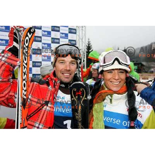 Bruno Kernen and Urska Hrovat at HIT Ski Legends Challenge in Kranjska gora, Slovenia 2.2.2008. Photo by Ales Fevzer 