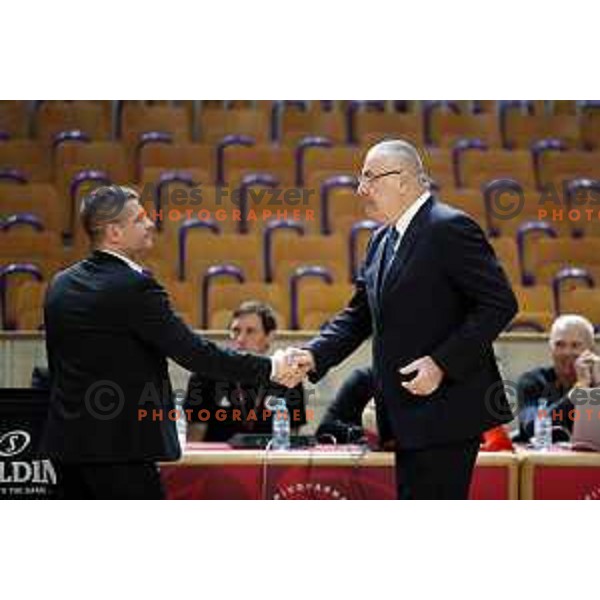 Sasa Nikitovic of Petrol Olimpija and Jasmin Repesa during ABA league basketball match between Petrol Olimpija and Buducnost in Tivoli Hall, Ljubljana on January 28, 2019