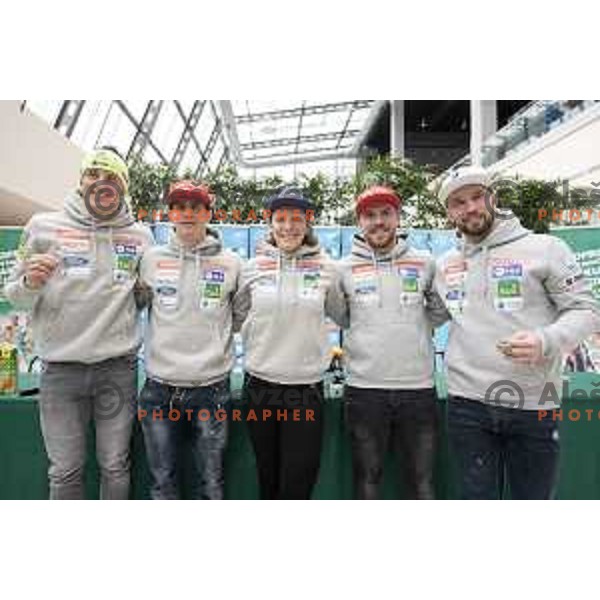 Stefan Hadalin, Zan Kranjec, Ilka Stuhec, Miha Hrobat and Martin Cater of Slovenia Alpine Ski team during press conference in Celje, Slovenia on January 30, 2019