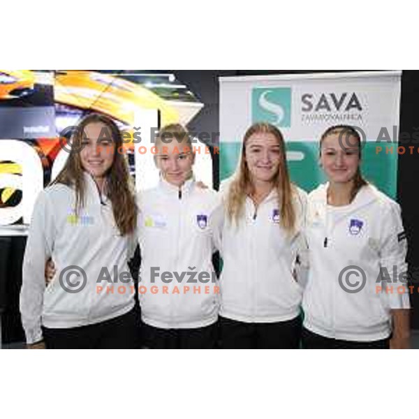 Kaja Juvan, Nika Radisic, Nina Potocnik and Dalila Jakupovic, members of Slovenia FED Cup tennis team during press conference in Ljubljana on January 31, 2019
