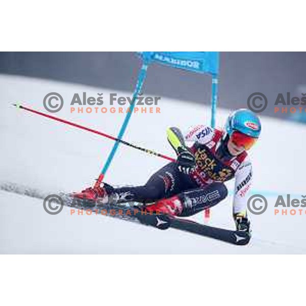 Mikaela Shiffrin (USA) skiing in the first run of AUDI FIS World Cup Giant Slalom for 55. Golden Fox Zlata Lisica in Maribor, Slovenia on February 1, 2019