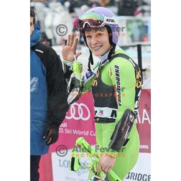 Ilka Stuhec poses after first run of AUDI FIS World Cup Giant Slalom for 55. Golden Fox Zlata Lisica in Maribor, Slovenia on February 1, 2019