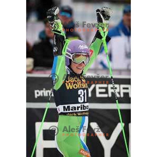 Ilka Stuhec (SLO) in the finish arena of AUDI FIS World Cup Giant Slalom for 55. Golden Fox Zlata Lisica in Maribor, Slovenia on February 1, 2019