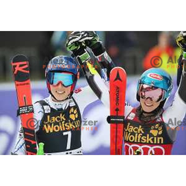 Petra Vlhova (SVK) and Mikaela Shiffrin (USA), winners of AUDI FIS World Cup Giant Slalom for 55. Golden Fox Zlata Lisica in Maribor, Slovenia on February 1, 2019