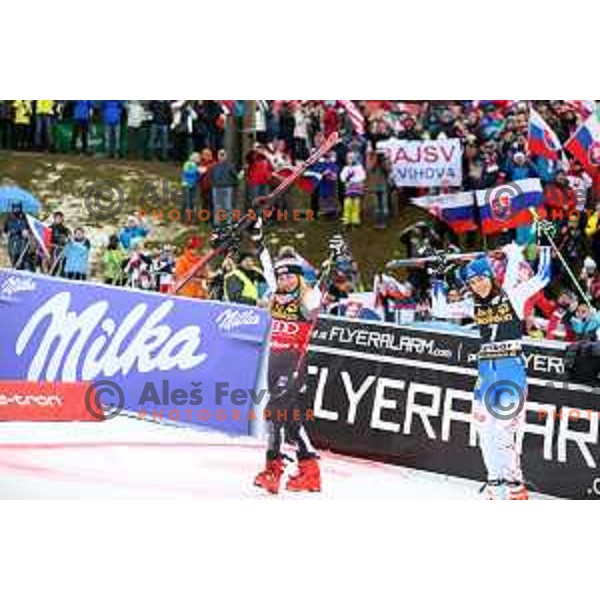 Petra Vlhova (SVK) and Mikaela Shiffrin (USA), winners of AUDI FIS World Cup Giant Slalom for 55. Golden Fox Zlata Lisica in Maribor, Slovenia on February 1, 2019