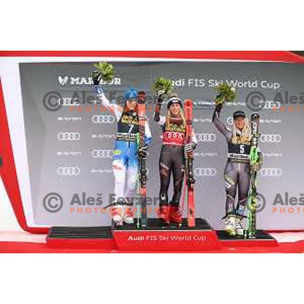 Petra Vlhova (SVK) and Mikaela Shiffrin (USA), winners of AUDI FIS World Cup Giant Slalom for 55. Golden Fox Zlata Lisica in Maribor, Slovenia on February 1, 2019