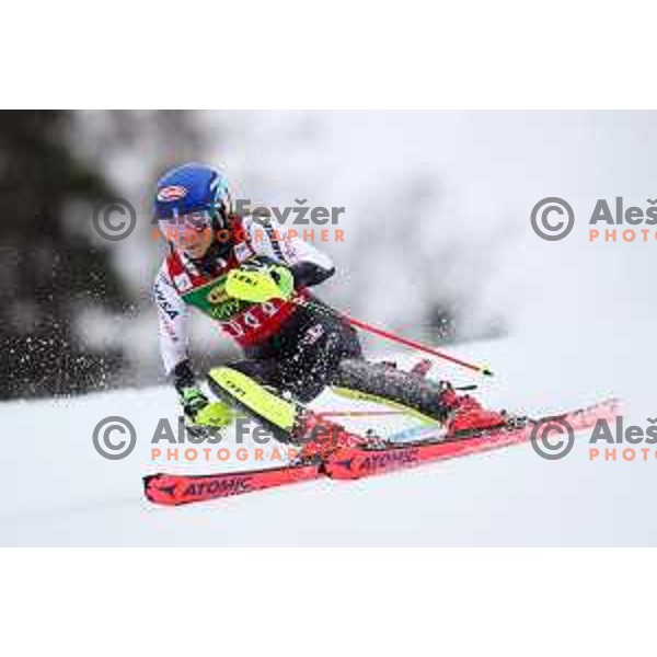 Mikaela Shiffrin (USA) skiing in the first run of AUDI FIS World Cup Slalom for 55. Golden Fox Zlata Lisica in Maribor, Slovenia on February 2, 2019
