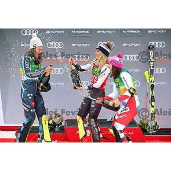 Anna Swenn Larsson (SWE), Mikaela Shiffrin (USA) and Wendy Holdener (SUI) at podium of AUDI FIS World Cup Slalom for 55. Golden Fox Zlata Lisica in Maribor, Slovenia on February 2, 2019