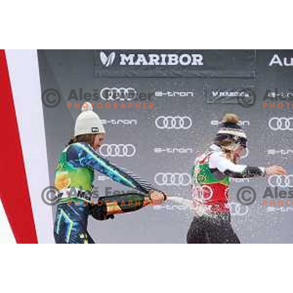 Anna Swenn Larsson (SWE)and Mikaela Shiffrin (USA) sprey with sparkling wine at AUDI FIS World Cup Slalom for 55. Golden Fox Zlata Lisica in Maribor, Slovenia on February 2, 2019