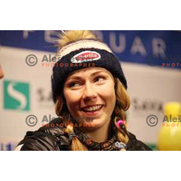 Mikaela Shiffrin (USA) winner of AUDI FIS World Cup Slalom for 55. Golden Fox Zlata Lisica in Maribor, Slovenia on February 2, 2019 during press conference after the race