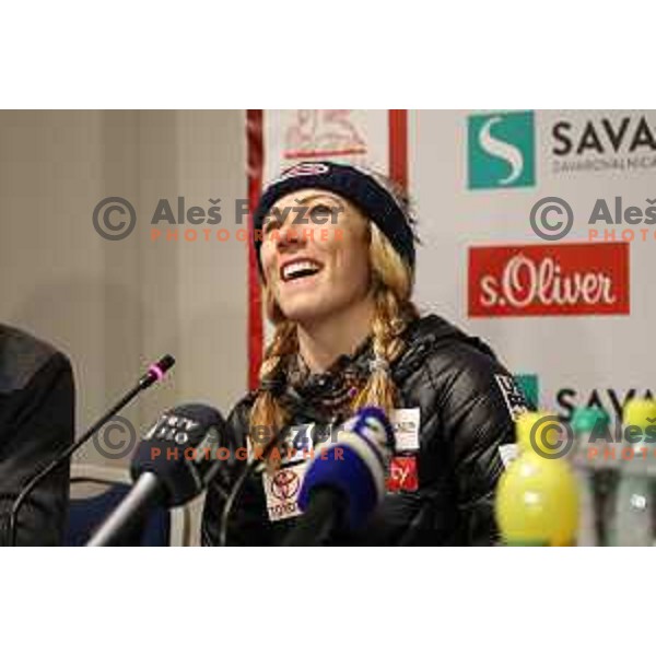 Mikaela Shiffrin (USA) winner of AUDI FIS World Cup Slalom for 55. Golden Fox Zlata Lisica in Maribor, Slovenia on February 2, 2019 during press conference after the race