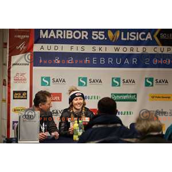 Mikaela Shiffrin (USA) winner of AUDI FIS World Cup Slalom for 55. Golden Fox Zlata Lisica in Maribor, Slovenia on February 2, 2019 during press conference after the race