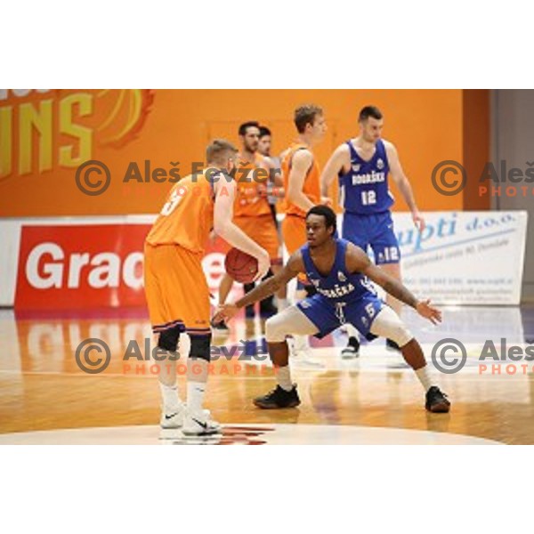 in action during Nova KBM League basketball match between Helios Suns and Rogaska in Domzale Sports Hall, Slovenia on February 3, 2019