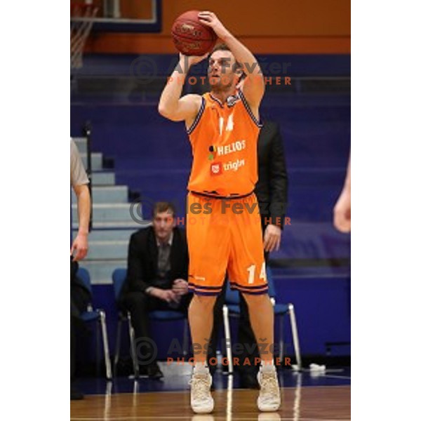 in action during Nova KBM League basketball match between Helios Suns and Rogaska in Domzale Sports Hall, Slovenia on February 3, 2019