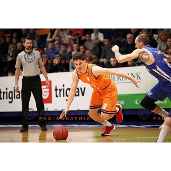 in action during Nova KBM League basketball match between Helios Suns and Rogaska in Domzale Sports Hall, Slovenia on February 3, 2019