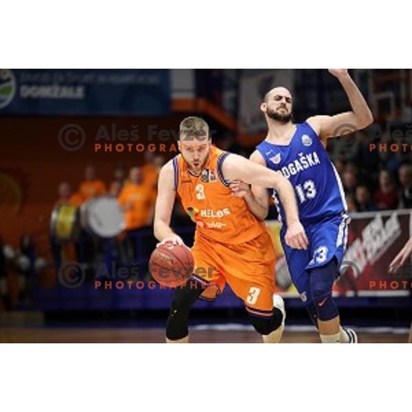 in action during Nova KBM League basketball match between Helios Suns and Rogaska in Domzale Sports Hall, Slovenia on February 3, 2019