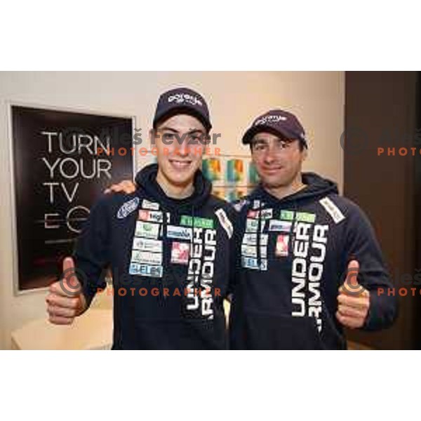 Timi Zajc and Gorazd Bretoncelj, head coach of Slovenia Nordic Ski jumping team during press conference in Ljubljana, Slovenia on February 4, 2019