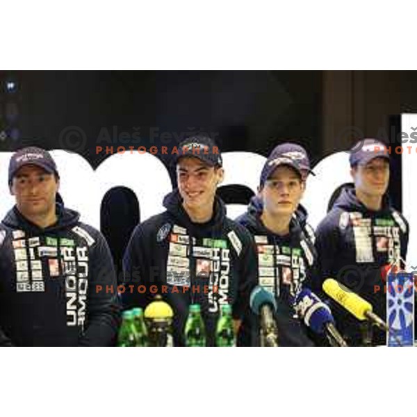 Timi Zajc and Gorazd Bretoncelj, head coach of Slovenia Nordic Ski jumping team during press conference in Ljubljana, Slovenia on February 4, 2019