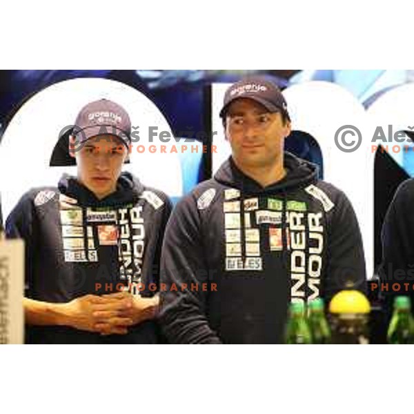Tilen Bartol and Gorazd Bretoncelj, head coach of Slovenia Nordic Ski jumping team during press conference in Ljubljana, Slovenia on February 4, 2019