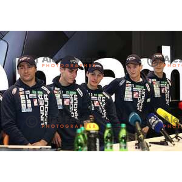 Timi Zajc and Gorazd Bretoncelj, head coach of Slovenia Nordic Ski jumping team during press conference in Ljubljana, Slovenia on February 4, 2019