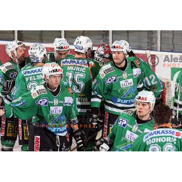 Zupancic with his teamamtes at ice-hockey game ZM Olimpija- TWK Innsbruck in Ebel league, played in Ljubljana, Slovenia 3.2.2008.ZM Olimpija won the game 5;2. Photo by Ales Fevzer 