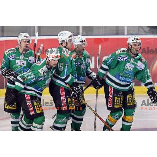 Felsner, Zupancic, Muric, Music, Kuznik at ice-hockey game ZM Olimpija- TWK Innsbruck in Ebel league, played in Ljubljana, Slovenia 3.2.2008.ZM Olimpija won the game 5;2. Photo by Ales Fevzer 