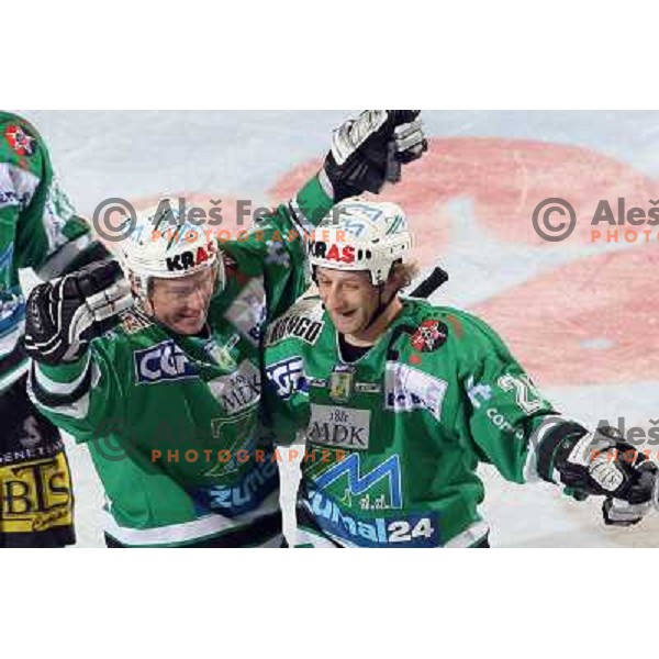 Hocevar (left) and Vnuk at ice-hockey game ZM Olimpija- TWK Innsbruck in Ebel league, played in Ljubljana, Slovenia 3.2.2008.ZM Olimpija won the game 5;2. Photo by Ales Fevzer 