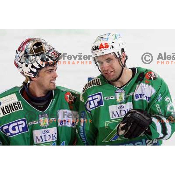 Westlund and Kuznik (22) at ice-hockey game ZM Olimpija- TWK Innsbruck in Ebel league, played in Ljubljana, Slovenia 3.2.2008.ZM Olimpija won the game 5;2. Photo by Ales Fevzer 