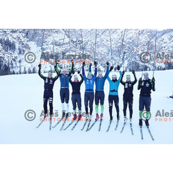 Miha Simenc, Janez Lampic,Alenka Cebasek, Anamarija Lampic and Prosen of Slovenia Cross-country team during practice session in Planica, Slovenia on February 5, 2019