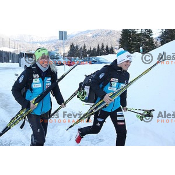 Anamarija Lampic and Miha Simenc of Slovenia Cross-country team during practice session in Planica, Slovenia on February 5, 2019