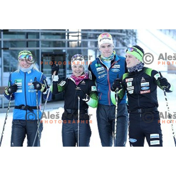 Anamarija Lampic, Alenka Cebasek, Miha Simenc and Janez Lampic of Slovenia Cross-country team during practice session in Planica, Slovenia on February 5, 2019