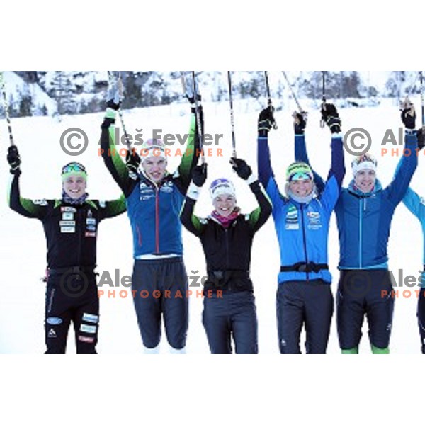 Miha Simenc, Janez Lampic,Alenka Cebasek, Anamarija Lampic and Prosen of Slovenia Cross-country team during practice session in Planica, Slovenia on February 5, 2019