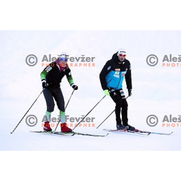 Alenka Cebasek and Nejc Brodar of Slovenia Cross-country team during practice session in Planica, Slovenia on February 5, 2019