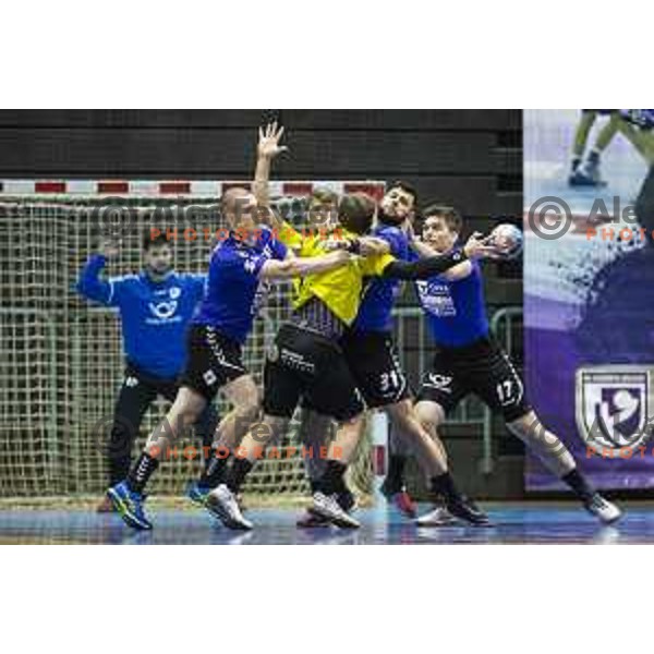 Ernest Jerebie Julian and Filip Jerenec in action during handball match between Maribor Branik and Gorenje Velenje, played in Dvorana Tabor, Maribor, Slovenia on February 9, 2019