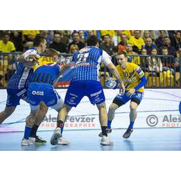 Rok Ovnicek in action during handball match between Celje PL and MOL Pick Szeged, Velux EHF Champions League 2018/19, played in Zlatorog Arena, Celje, Slovenia on February 10, 2018