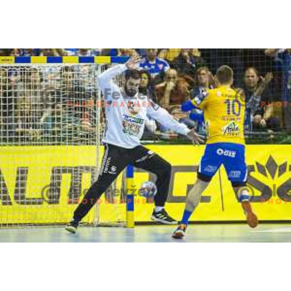 Rok Ovnicek in action during handball match between Celje PL and MOL Pick Szeged, Velux EHF Champions League 2018/19, played in Zlatorog Arena, Celje, Slovenia on February 10, 2018