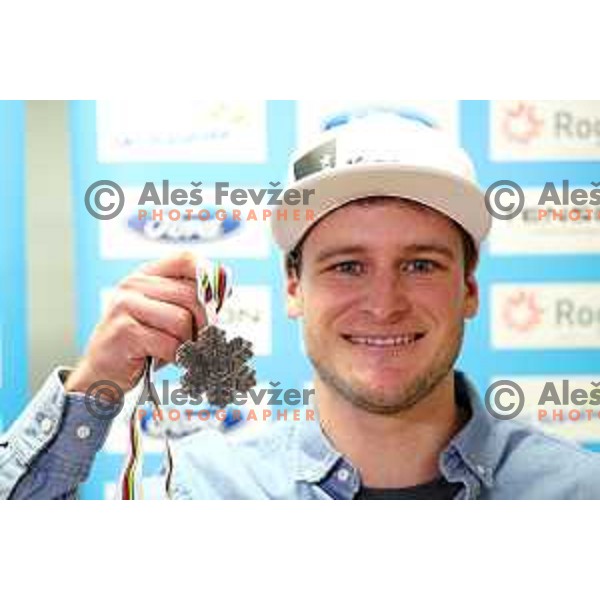 Tim Mastnak, silver medalist from Giant Slalom Snowboard World Championships in USA during press conference in Ljubljana, Slovenia on February 11, 2019