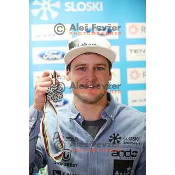 Tim Mastnak, silver medalist from Giant Slalom Snowboard World Championships in USA during press conference in Ljubljana, Slovenia on February 11, 2019