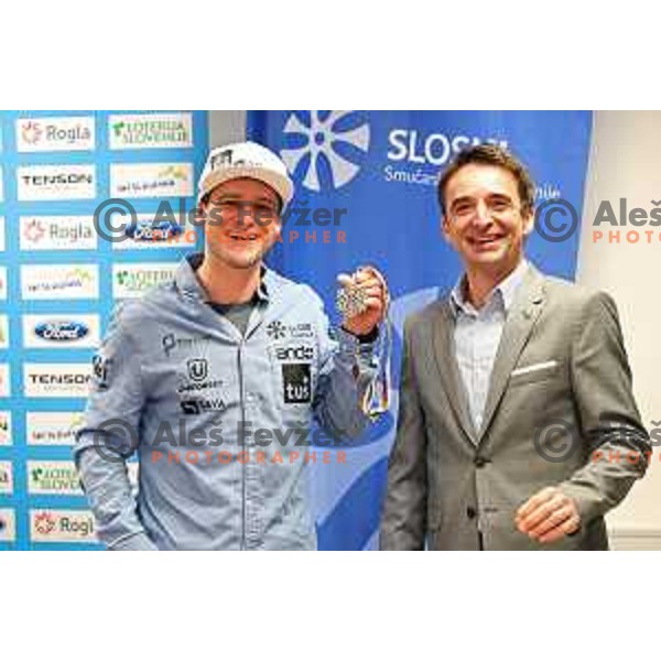 Tim Mastnak, silver medalist from Giant Slalom Snowboard World Championships in USA and Franci Petek during press conference in Ljubljana, Slovenia on February 11, 2019