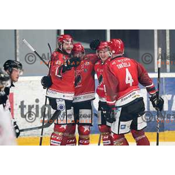 Philippe Paradies, Luka Kalan in action during Alps League ice-hockey match between Acroni Jesenice and SZ Olimpija in Podmezakla Hall, Jesenice, Slovenia on February 12, 2019