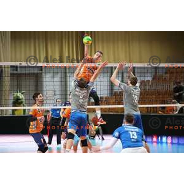 action during Champions League volleyball match between ACH Volley Ljubljana and VFB Friedrichshafen in Tivoli Hall, Ljubljana, Slovenia on February 14, 2019