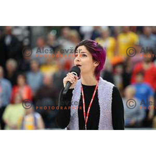 Lea Sirk sings during Spar Cup Final basketball match between Sixt Primorska and Hopsi Polzela in Bonifika Hall, Koper, Slovenia on February 17, 2019